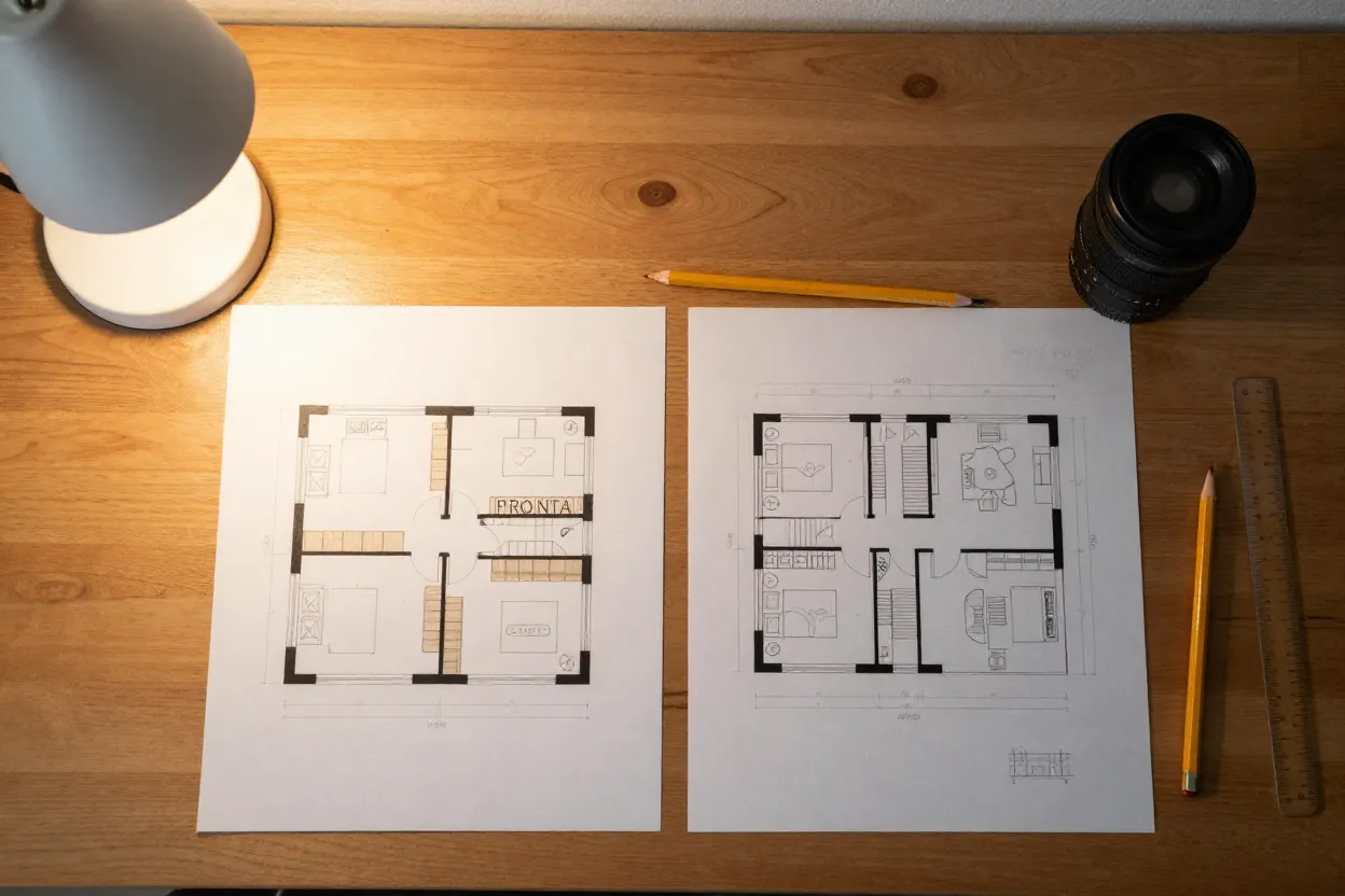 Mesa de arquiteto com duas plantas lado a lado representando opções pronta e personalizada