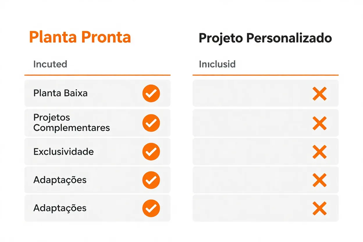 Tabela comparativa detalhada entre planta pronta e projeto personalizado