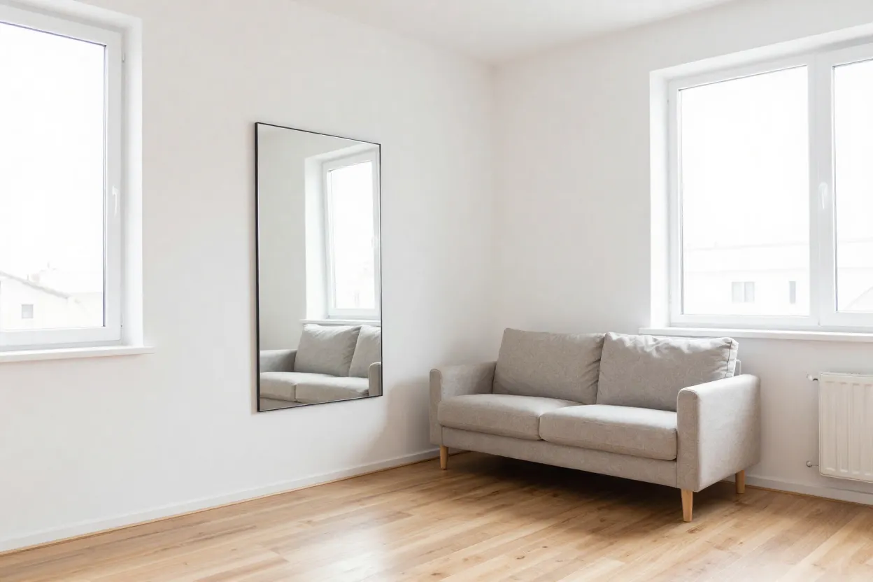 Sala pequena decorada em estilo minimalista com cores claras e espelho ampliando o espaço