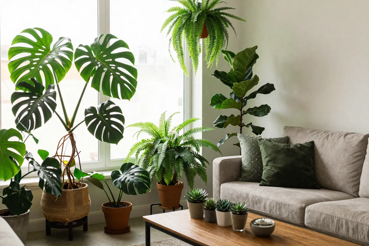 Sala de estar com plantas abundantes incluindo costela-de-adão, samambaia e suculentas