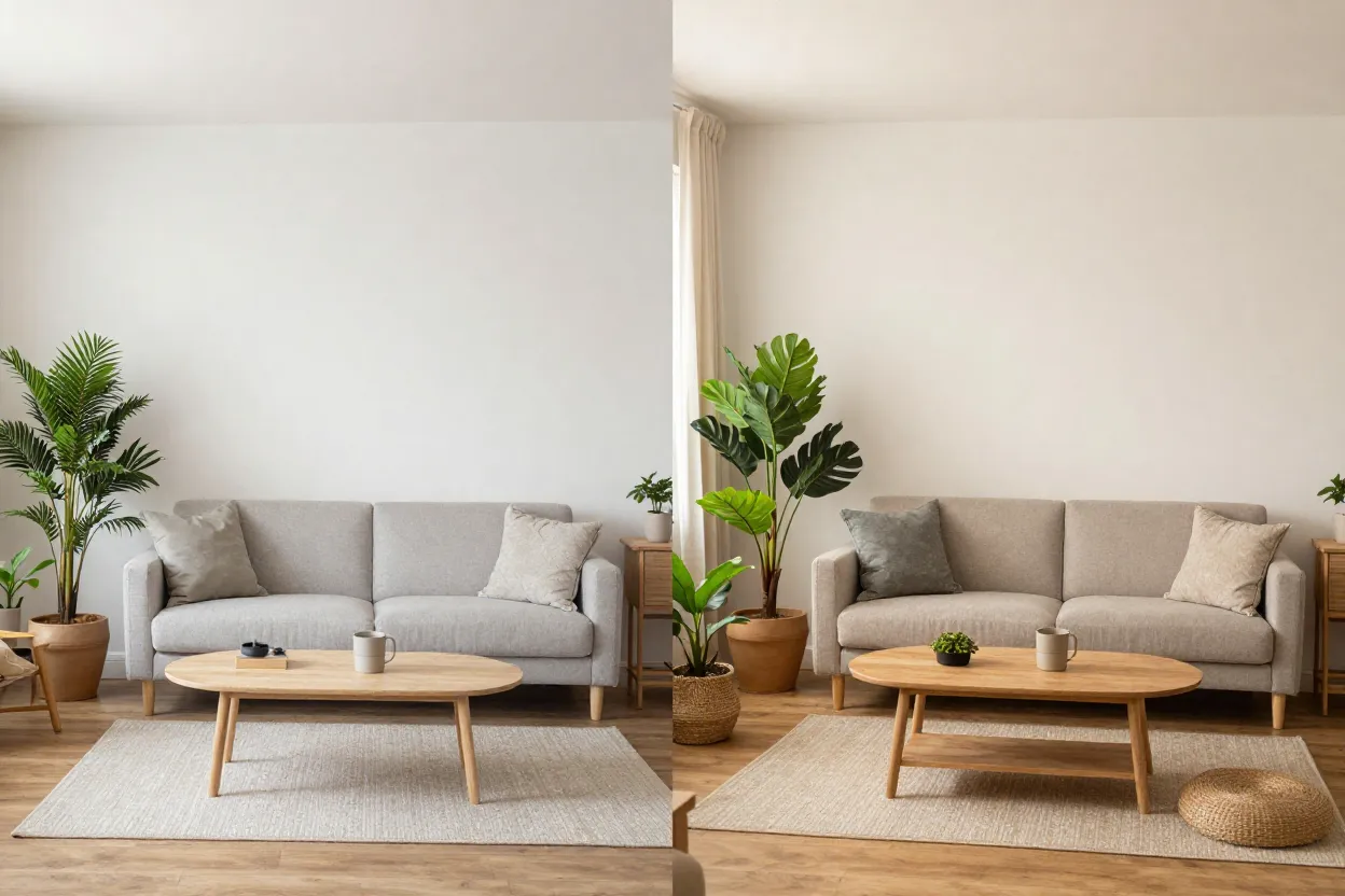 Comparativo de sala sem plantas versus sala com plantas mostrando a transformação