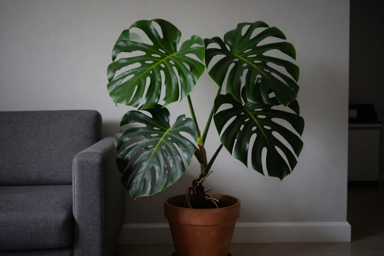 Grande costela-de-adão em vaso de cerâmica ao lado de sofá moderno