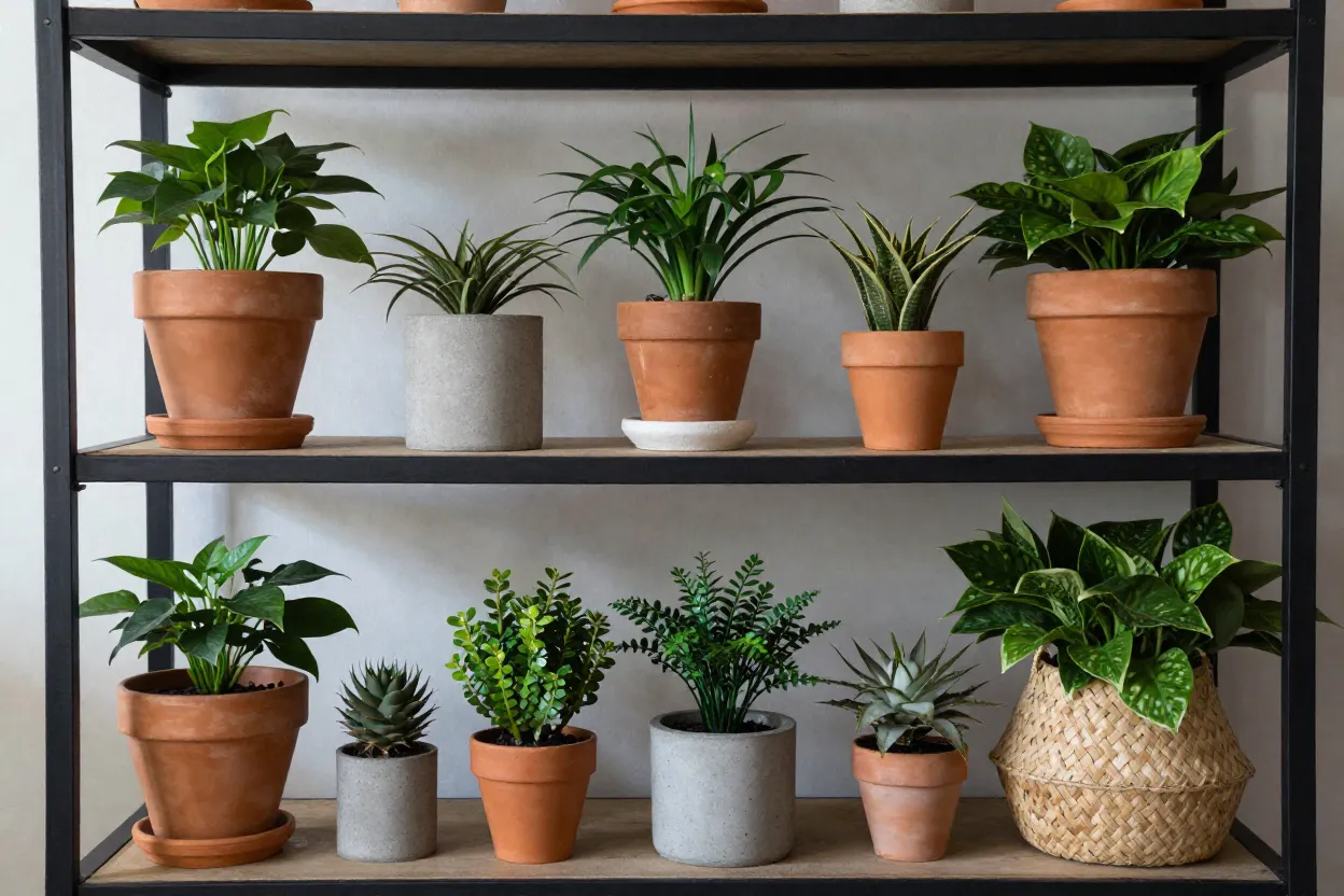 Coleção de vasos em diferentes materiais com plantas variadas organizados em estante