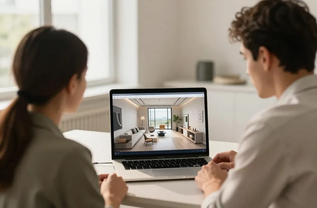 Designer apresentando projeto 3D de interiores em laptop para cliente