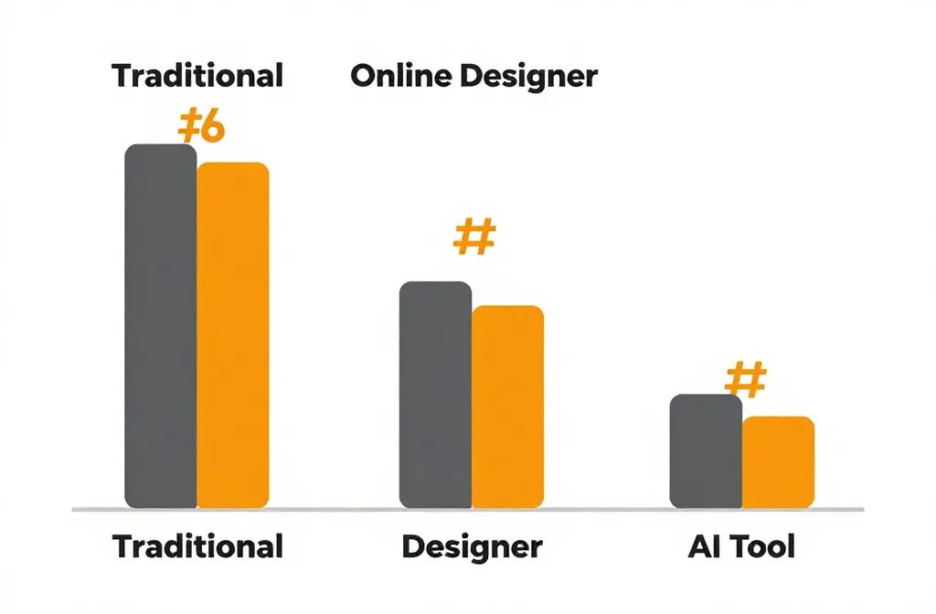 Infográfico comparando custos de projeto tradicional versus online versus IA