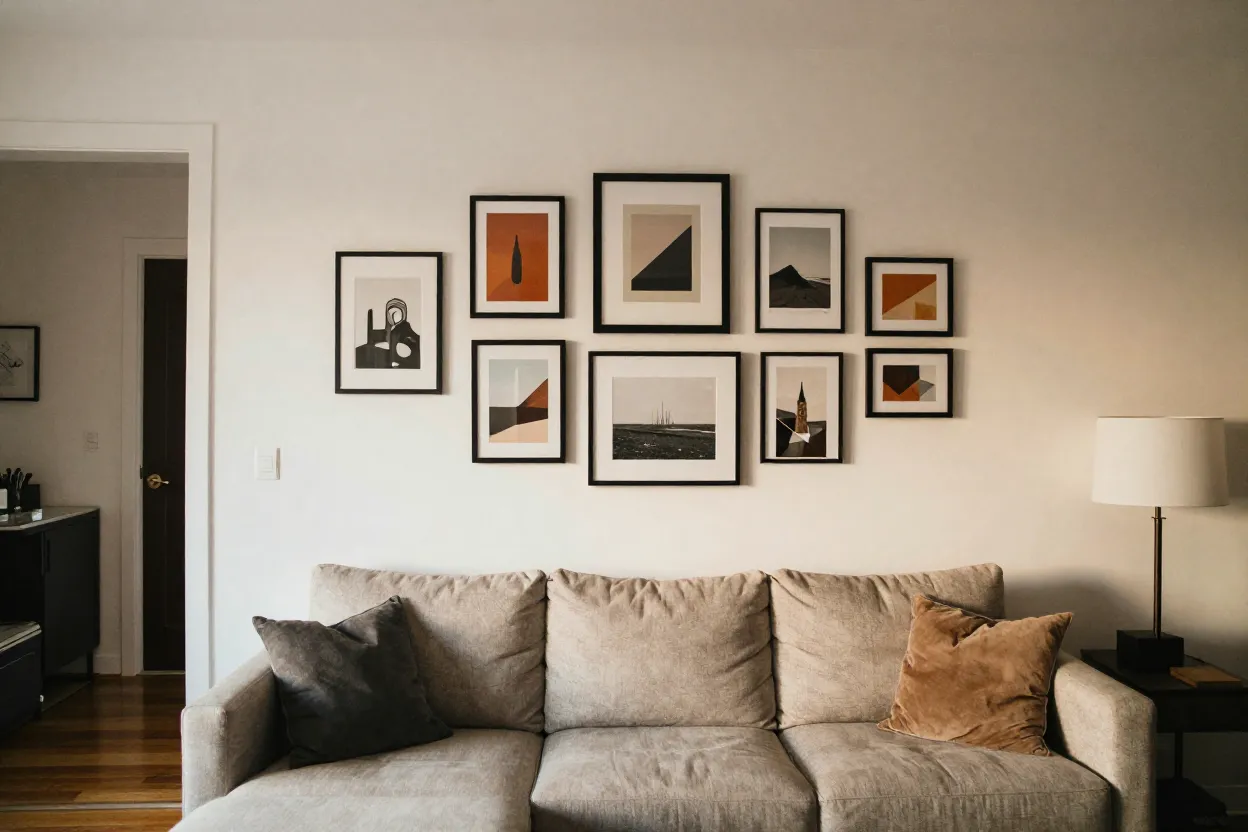 Gallery wall com composição de quadros decorativos em parede de sala de estar moderna