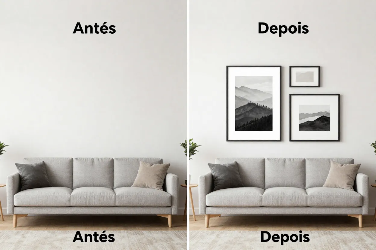 Comparativo de sala com e sem quadros decorativos mostrando diferença de impacto visual