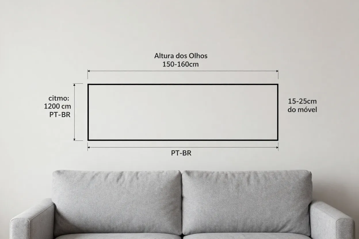 Diagrama mostrando altura correta de posicionamento de quadro acima de sofá com medidas