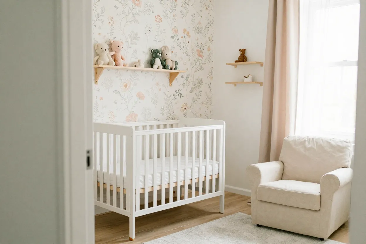 Quarto de bebê menina em tons pastel com berço branco e papel de parede floral delicado