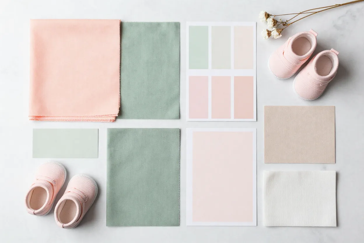 Paleta de cores atemporal para quarto de bebê menina com amostras de tecidos e tintas