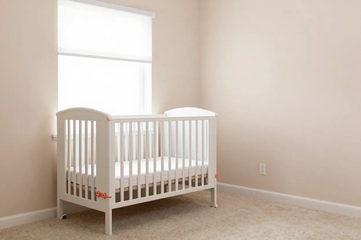 Quarto de bebê menina mostrando elementos de segurança como móveis fixados e berço posicionado corretamente