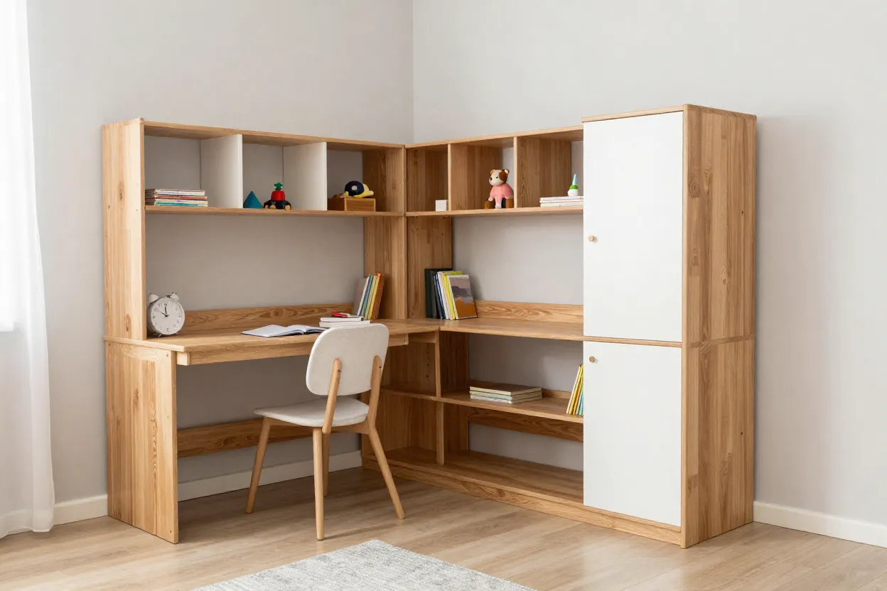 Quarto de menina com móveis evolutivos e organização funcional com nichos
