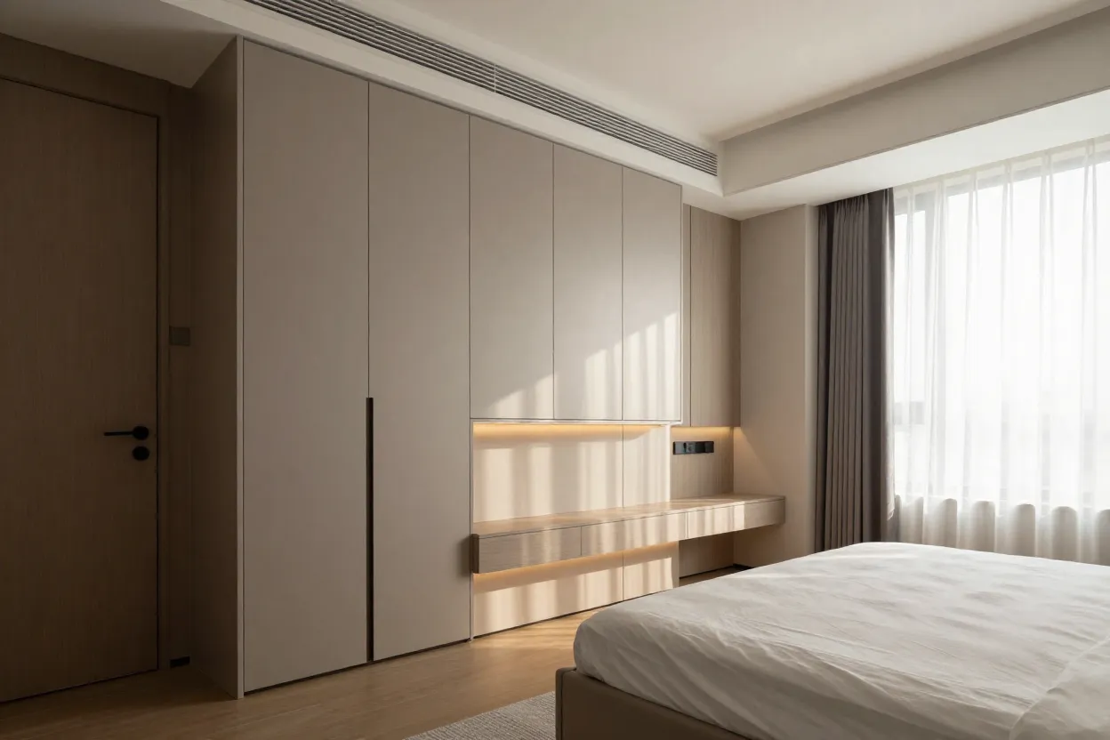 Quarto de casal planejado com armário até o teto, cabeceira estofada e iluminação LED