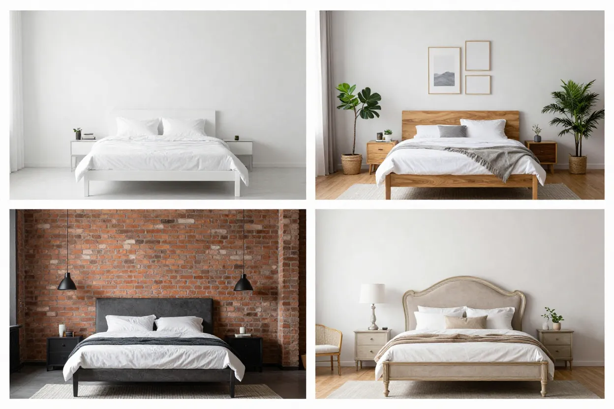 Mosaico de quatro estilos de quarto de casal: minimalista, escandinavo, industrial e clássico