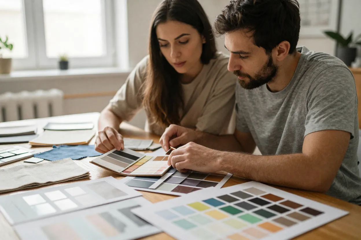 Casal analisando amostras de materiais e cores para decoração de quarto