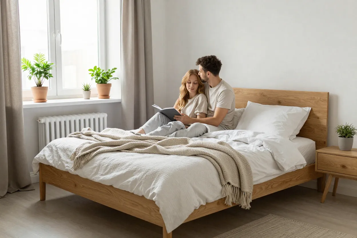 Quarto de casal em estilo escandinavo com madeira clara, plantas e têxteis em camadas