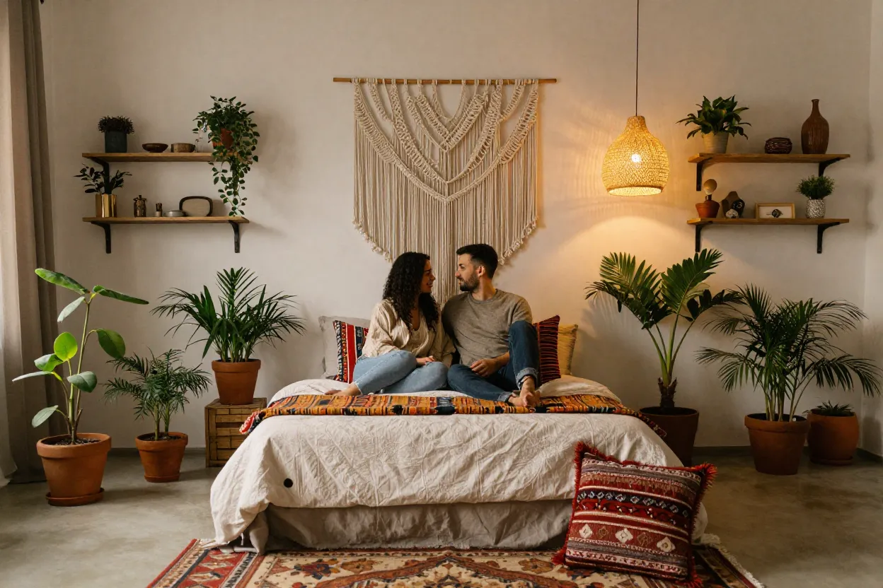 Quarto de casal boho com macramê, plantas abundantes e texturas em camadas