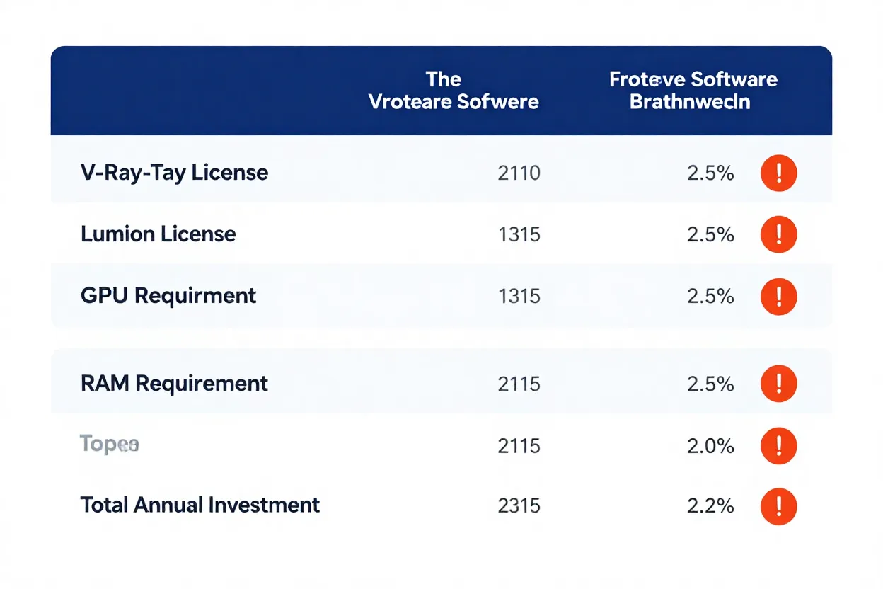Tabela comparando custos de licenças e hardware para V-Ray e Lumion