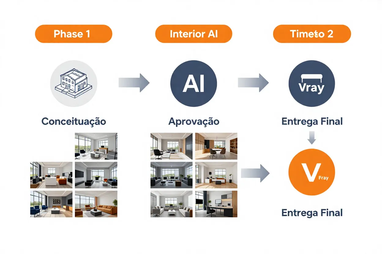 Diagrama de workflow híbrido mostrando integração SketchUp, Interior AI e V-Ray em 3 fases