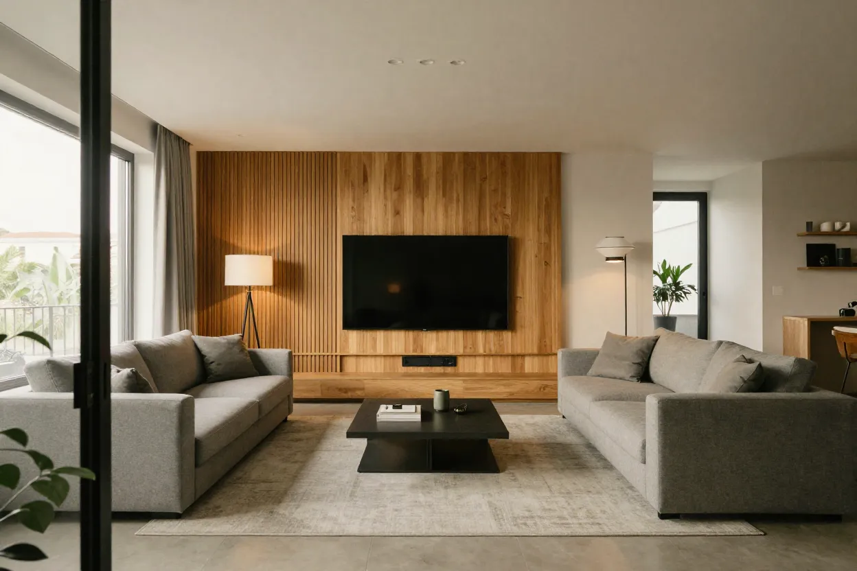 Sala de estar moderna minimalista com sofá cinza, painel ripado e iluminação em camadas