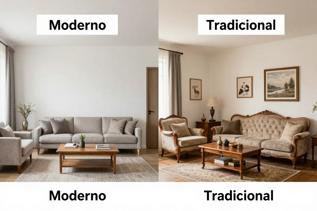 Comparativo visual entre sala moderna e sala tradicional destacando diferenças de estilo