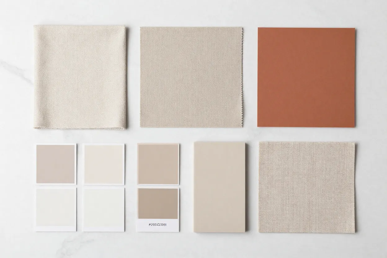 Paleta de cores moderna mostrando combinação de neutros com cor de destaque terracota