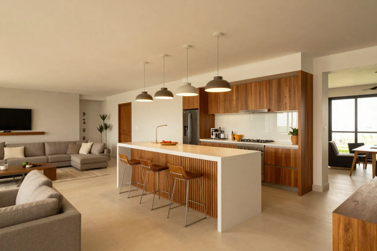 Ambiente integrado de sala e cozinha com bancada divisória, piso diferenciado e iluminação setorizada