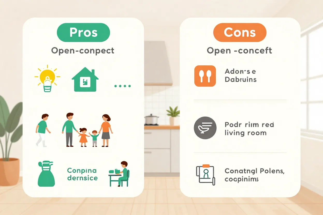 Diagrama comparativo de prós e contras de ambientes integrados sala-cozinha