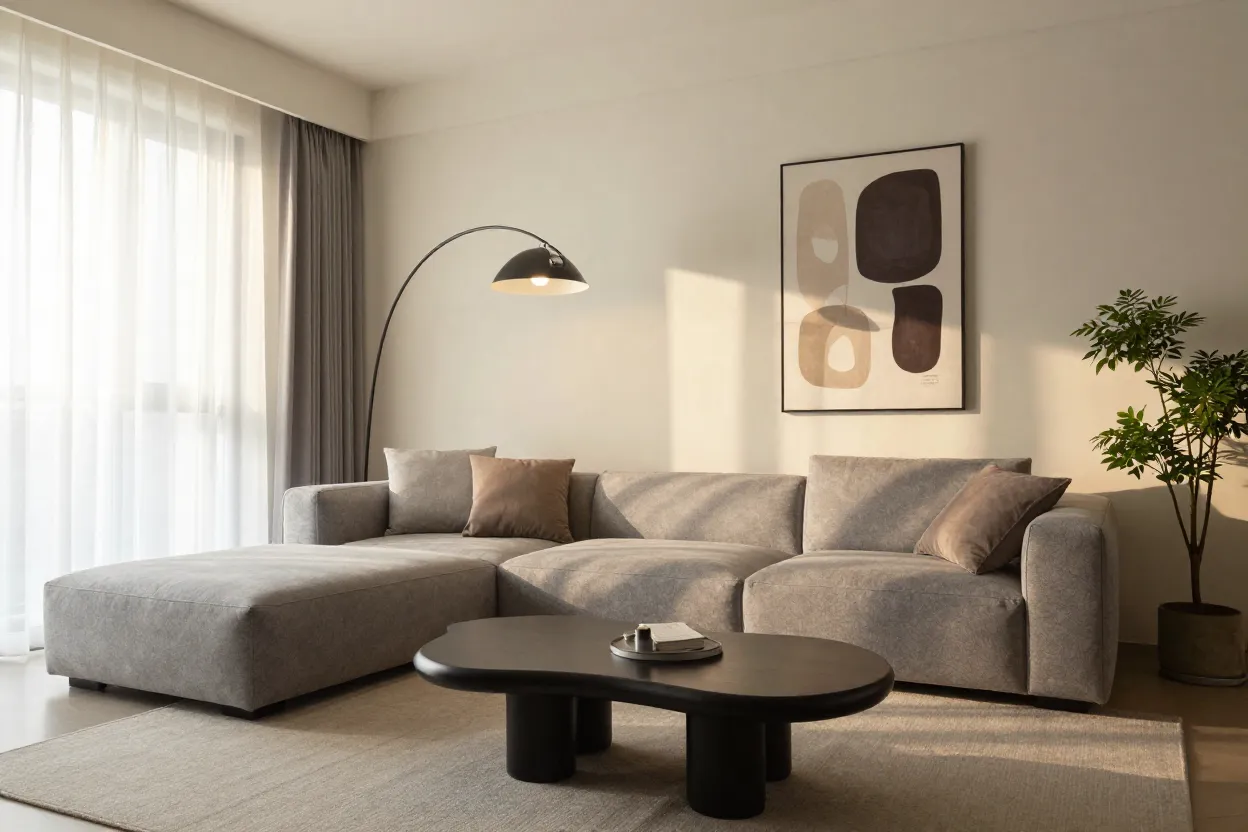 Sala de estar moderna com sofá modular cinza, mesa de centro orgânica e iluminação ambiente