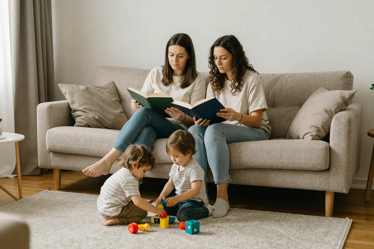 Família reunida em sala de estar confortável com diferentes atividades simultâneas
