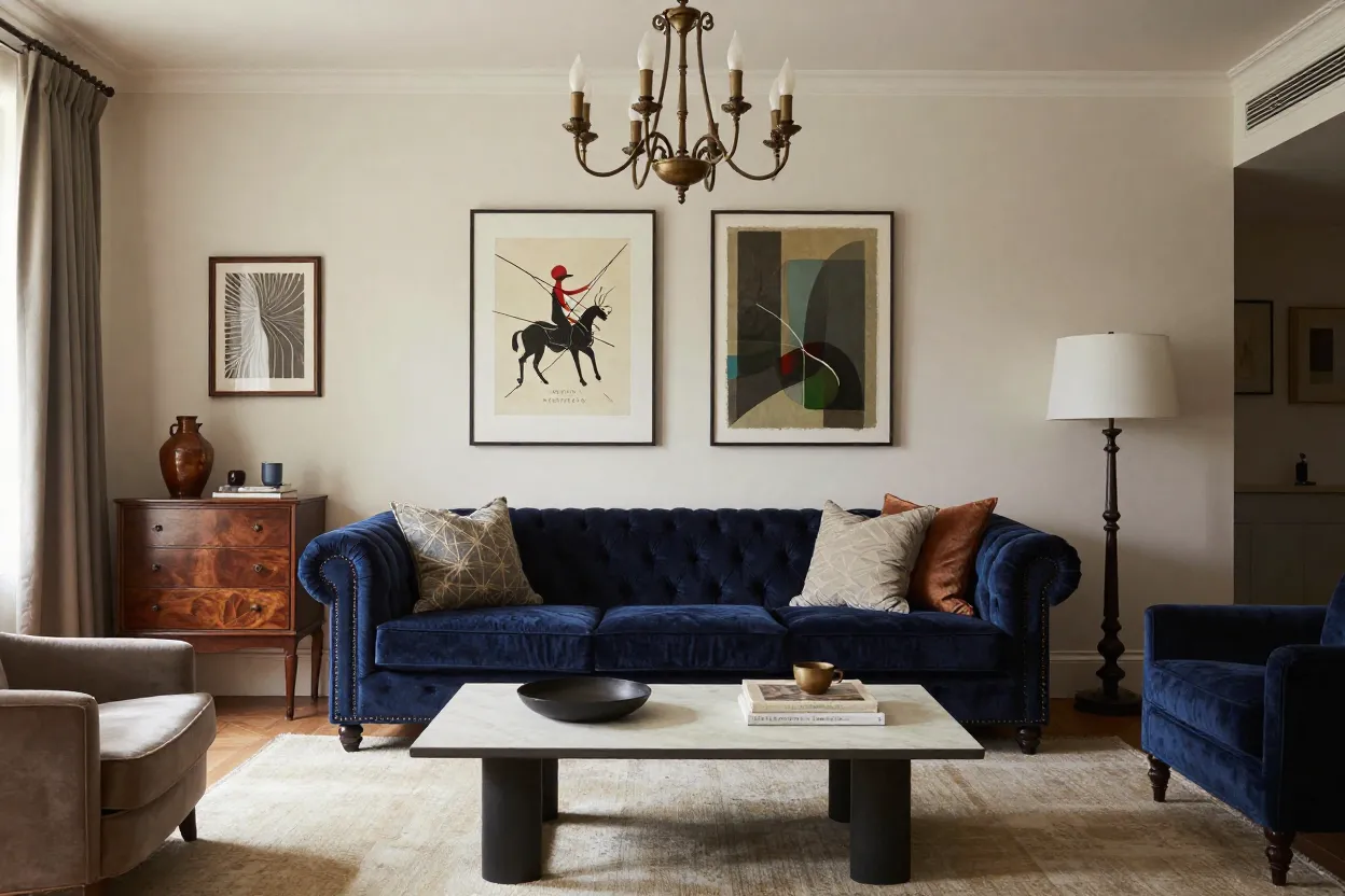 Sala em estilo clássico contemporâneo com poltrona tradicional e elementos modernos