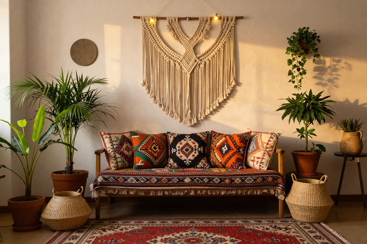 Sala boho colorida com macramê, plantas abundantes e almofadas estampadas