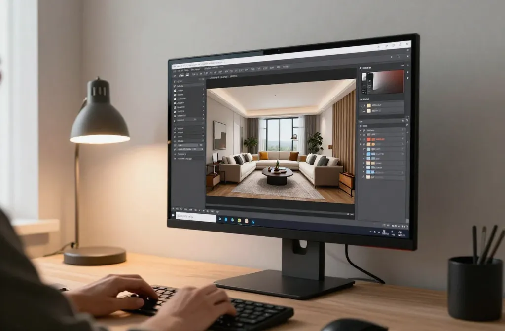 Tela de computador exibindo render 3D de sala de estar moderna com interface de simulador