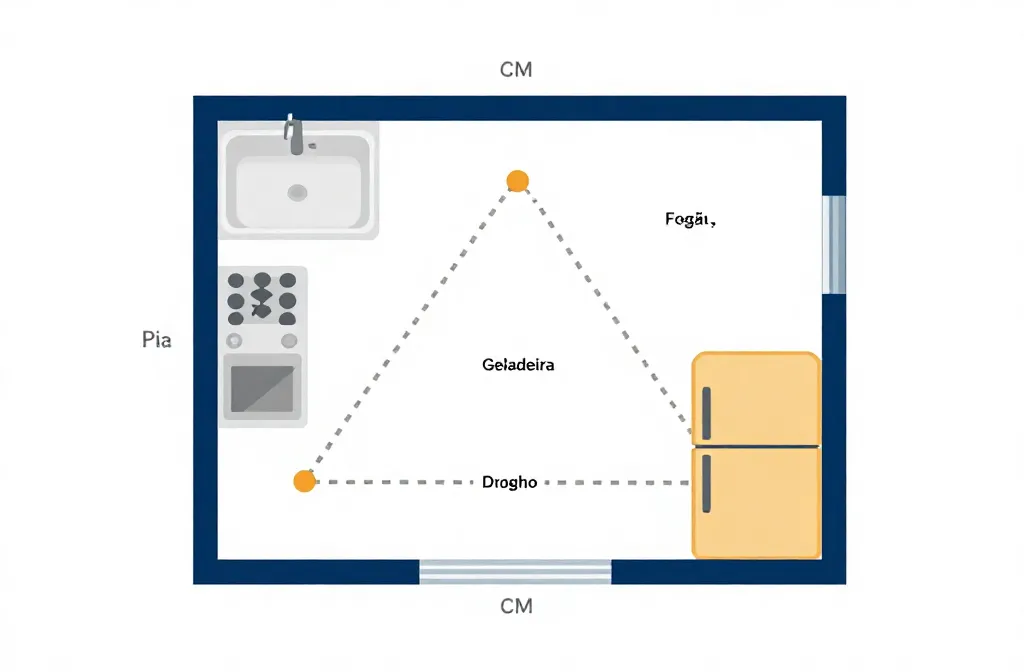 Diagrama do triângulo de trabalho ideal entre pia, fogão e geladeira