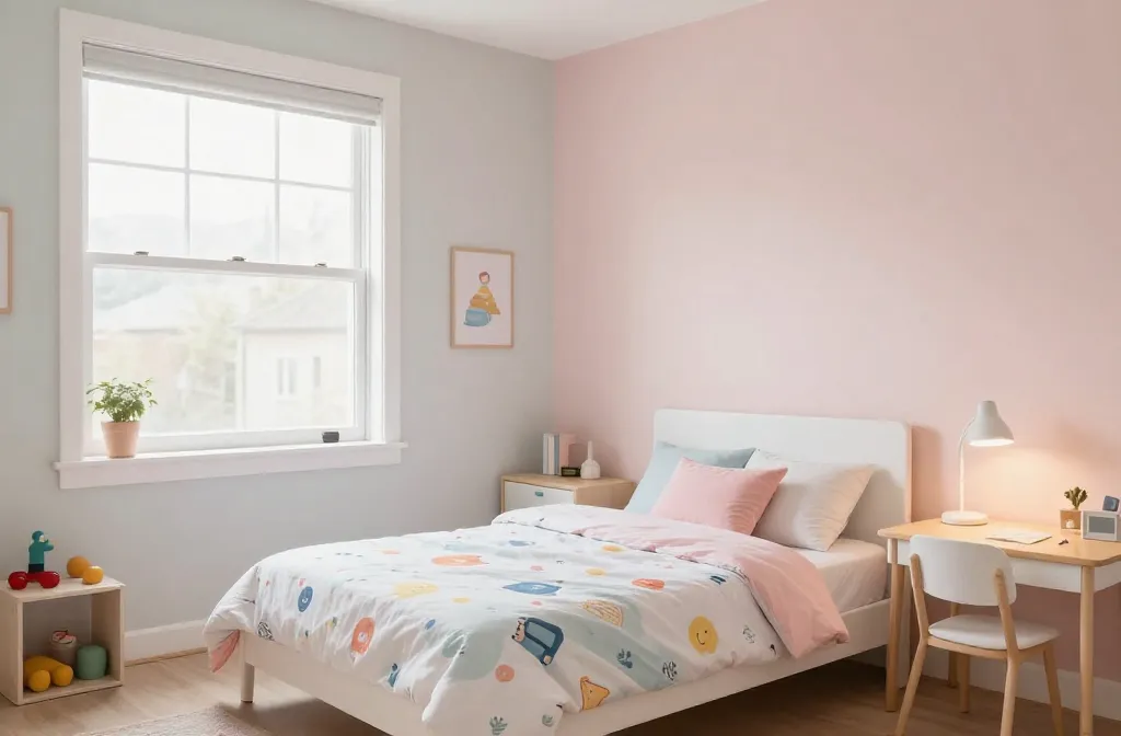Quarto infantil colorido com cama, escrivaninha e área de brincar em render 3D