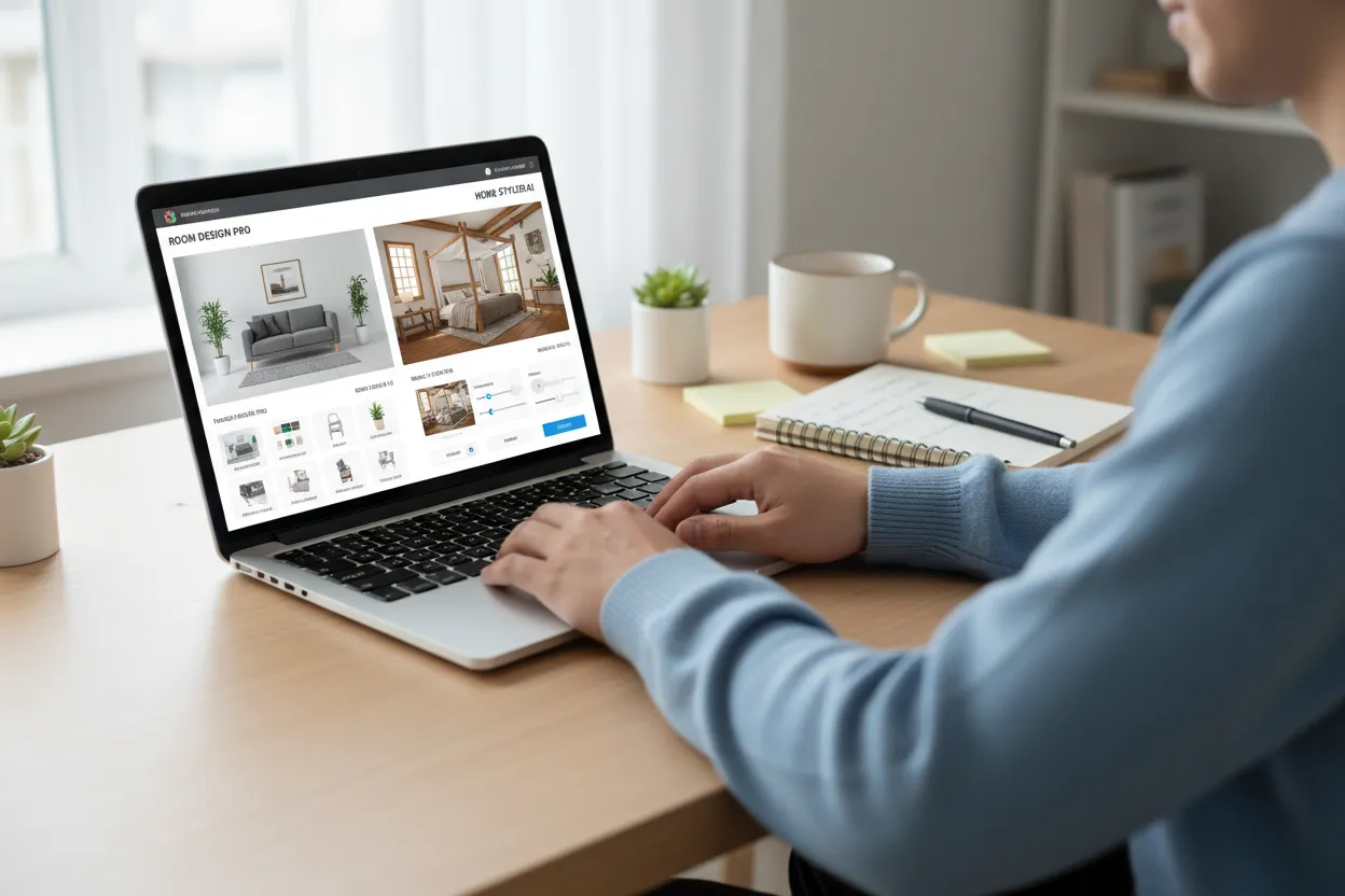 Pessoa comparando dois simuladores de decoração online no computador