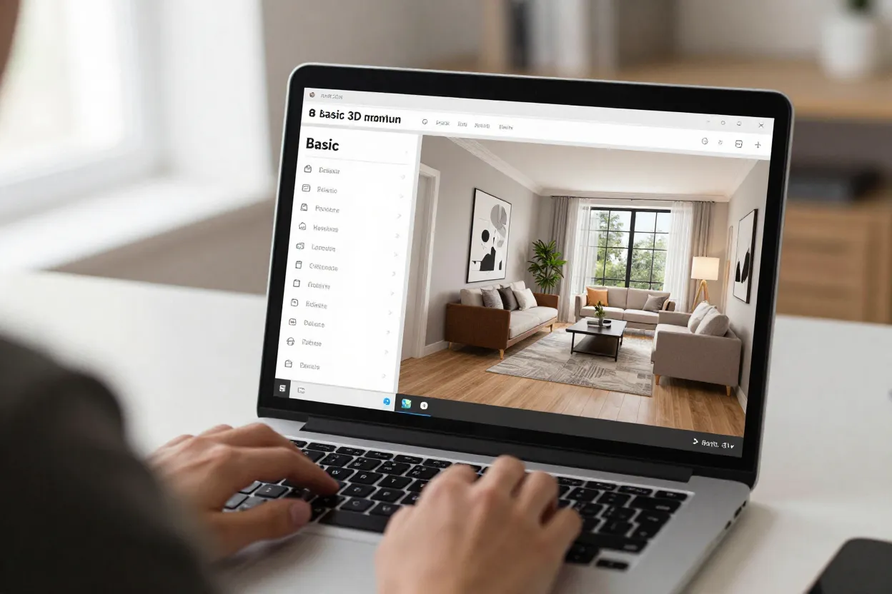 Tela de computador mostrando comparativo entre simulador 3D gratuito e render de IA fotorrealista