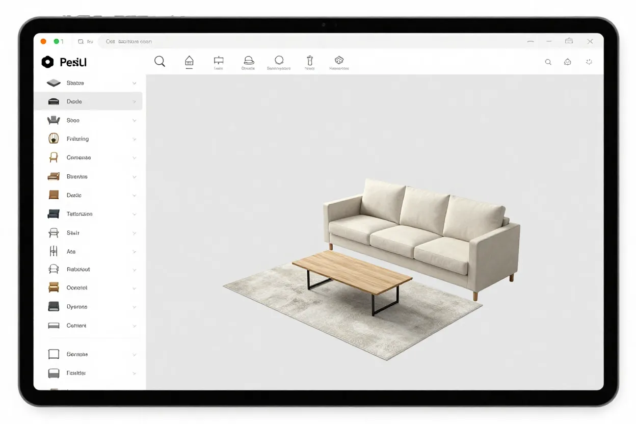 Interface do Planner 5D mostrando sala em vista 3D com biblioteca de móveis