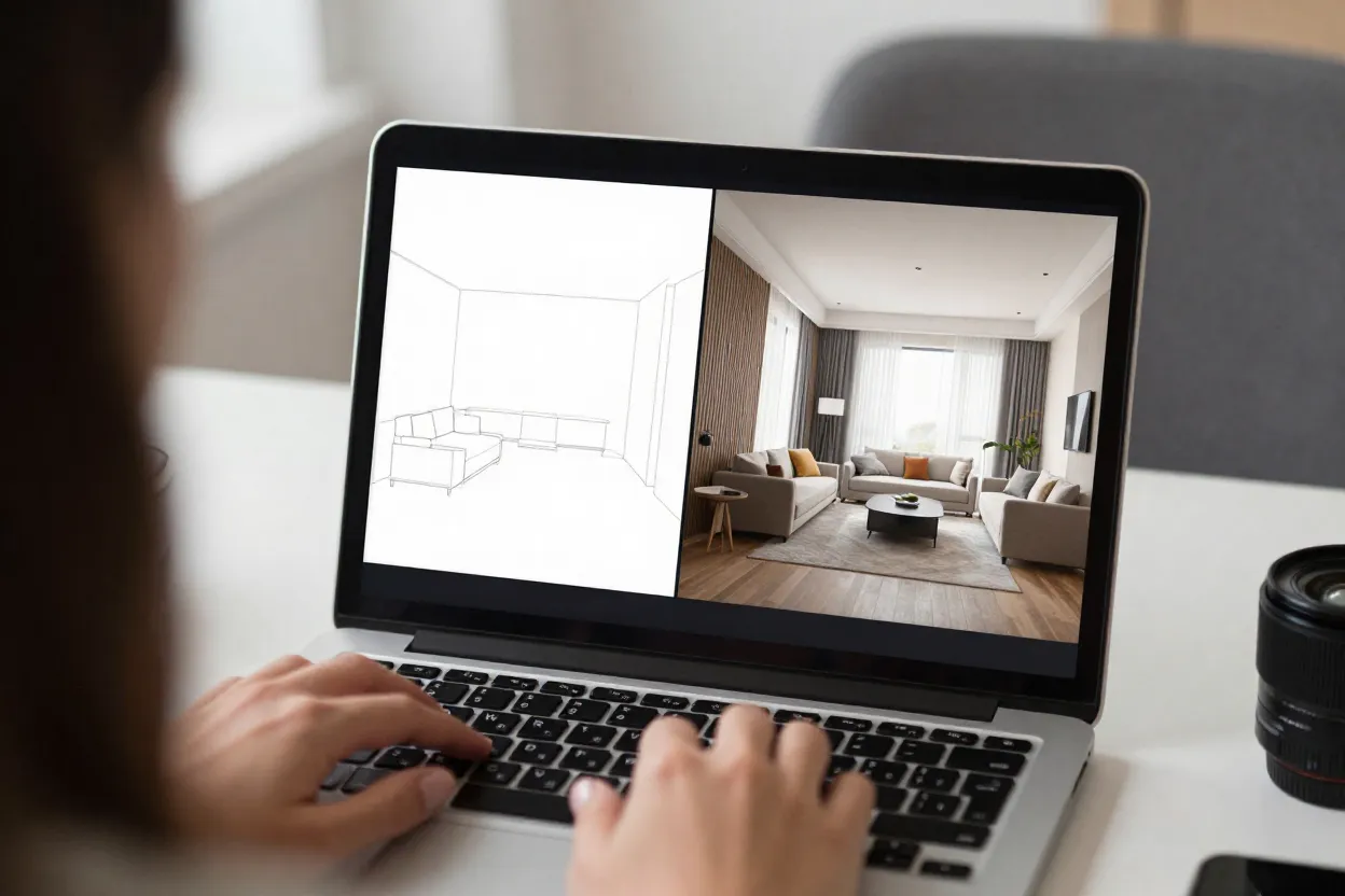 Tela de computador mostrando comparação entre render de simulador gratuito e IA paga