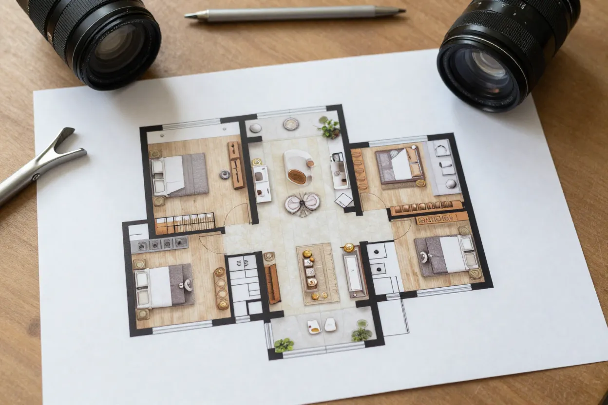 Planta baixa de apartamento com diferentes cômodos decorados em estilo coerente