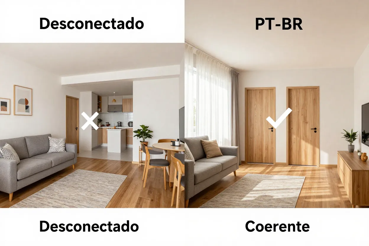 Comparativo visual de apartamento com decoração desconectada versus coerente