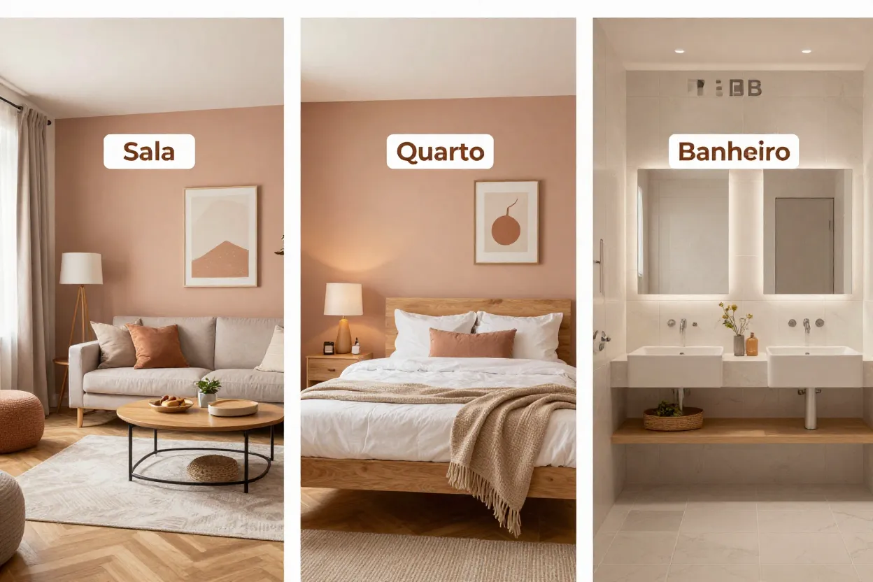 Mesmo estilo escandinavo adaptado para sala, quarto e banheiro