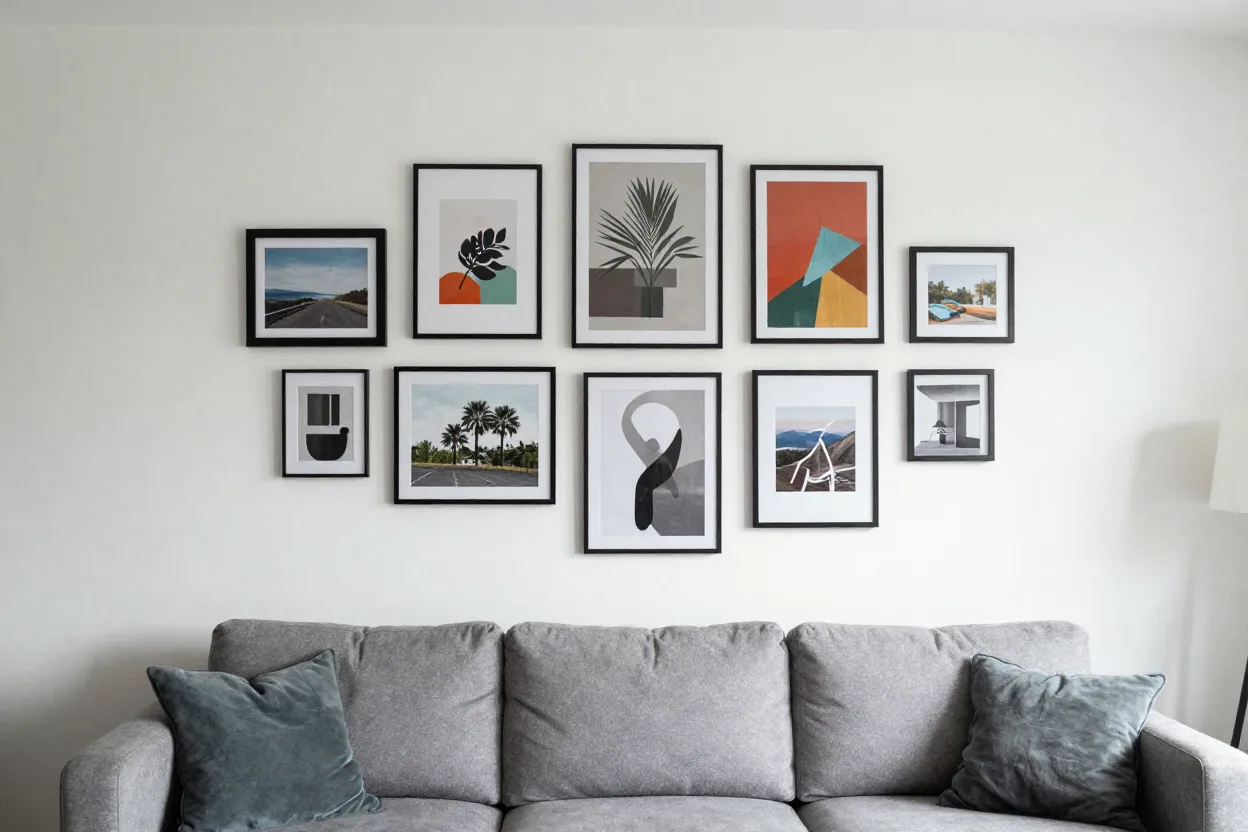 Sala de estar com composição harmônica de quadros na parede em diferentes tamanhos