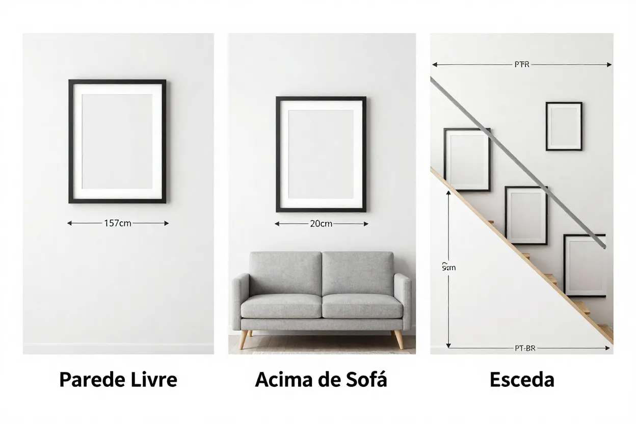 Três cenários de altura: parede livre, acima de sofá, escada inclinada