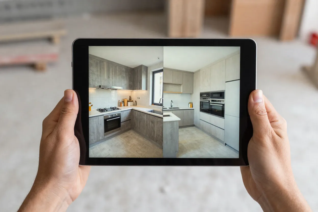 Tablet mostrando simulação de reforma com ambiente atual e resultado projetado