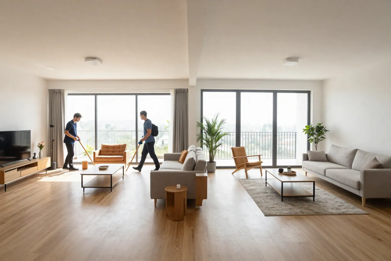 Apartamento vazio dividido mostrando metade com móveis físicos e metade com staging virtual