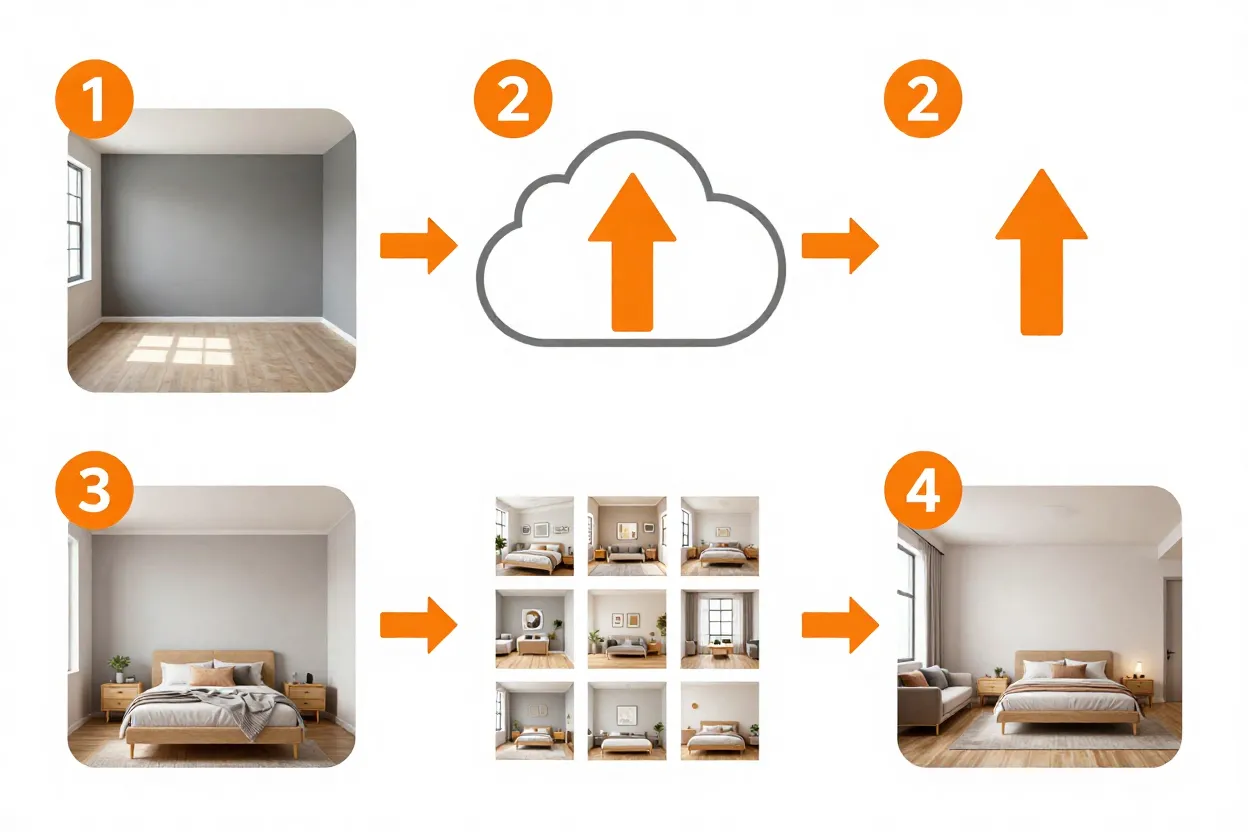 Sequência de 4 passos mostrando processo de staging virtual do upload ao resultado final