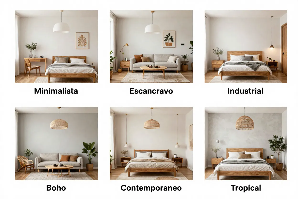 Grid mostrando o mesmo ambiente transformado em 6 estilos diferentes pela IA