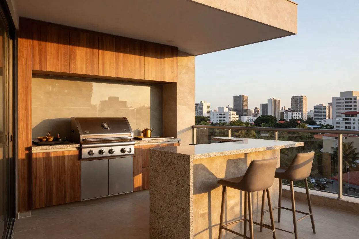 Varanda gourmet de apartamento com churrasqueira, bancada de granito e decoração moderna integrada à sala