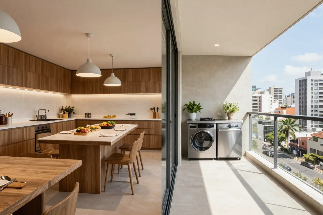 Comparativo visual entre área gourmet interna e varanda gourmet com ventilação natural